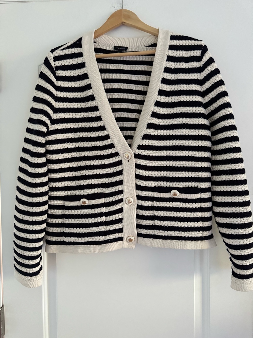 Talbots Navy and Cream Striped V-Neck Button Cardigan